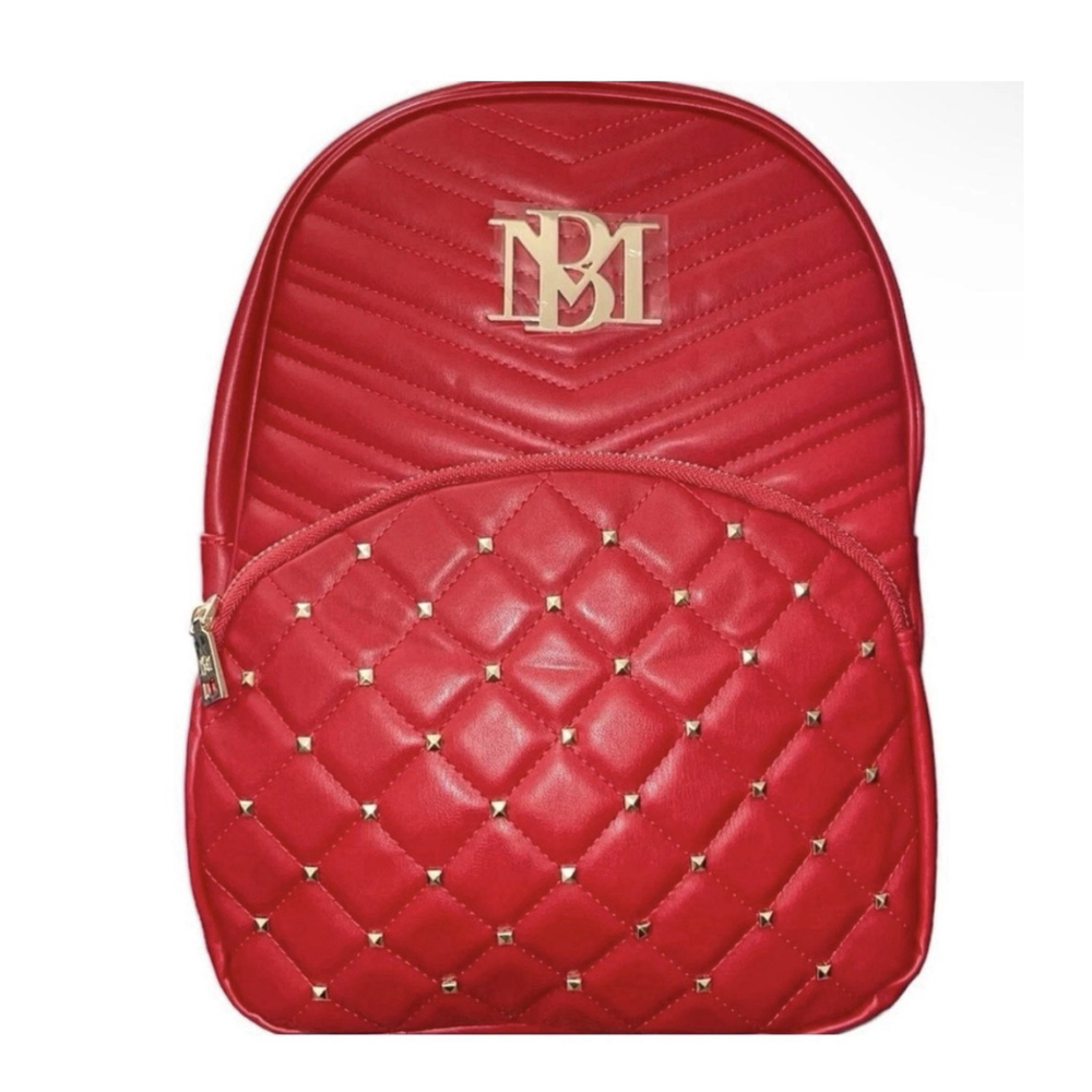 Badgley Mischka Red Vegan Leather Backpack Gold Studded Diamond Quilted NWT